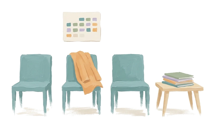 Peinture : une salle d'attente, trois sièges, un manteau posé, une pile de magazines et un calendrier accroché au mur.
