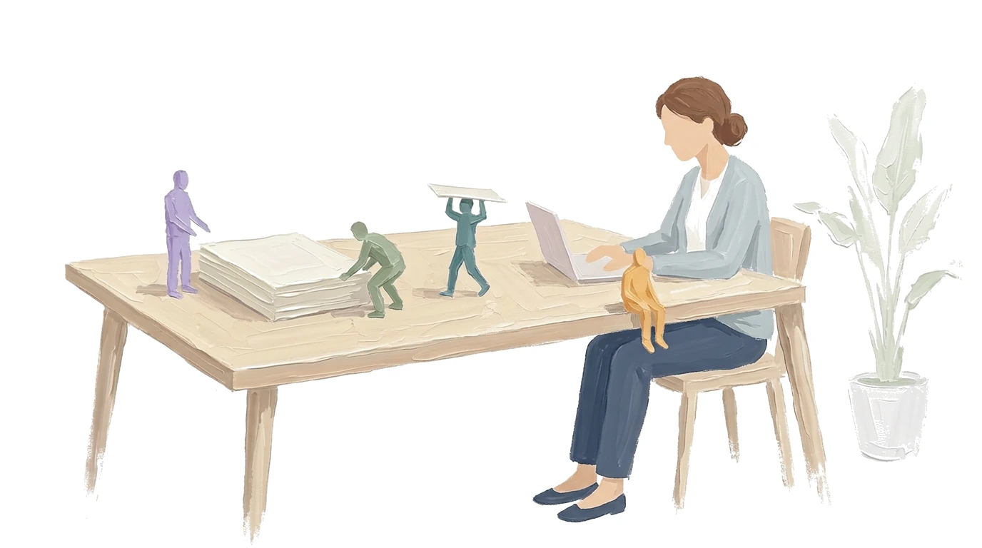 Peinture : une thérapeute travaille sur son portable, et quatre petites silhouettes s'affairent sur son bureau.