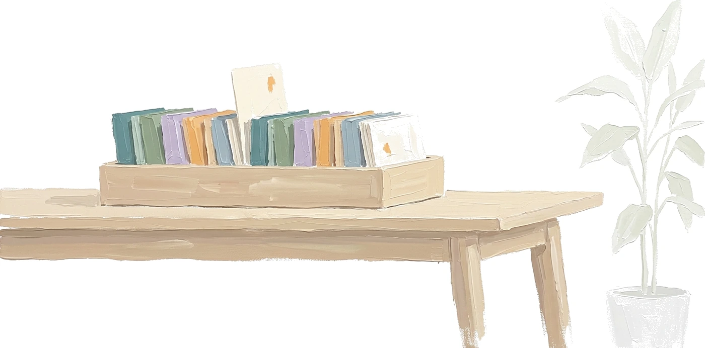 Peinture : sur un bureau de bois clair, un bac où se dressent des fiches de couleur, une seule relevée.