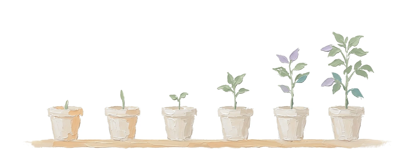 Peinture : six pots alignés sur une tablette, chaque pousse un peu plus haute que la précédente.